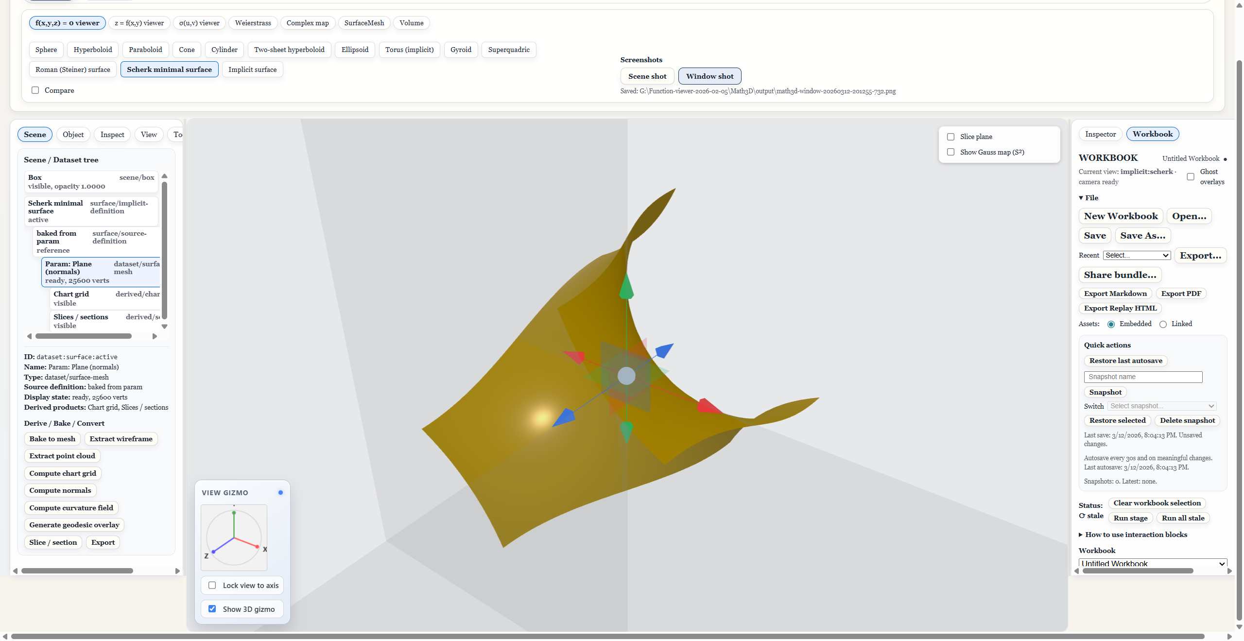 Math3D desktop workspace with surface scene, inspector, and workbook panels